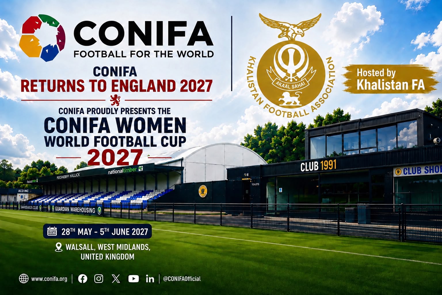 CONIFA Women's World Football Cup 2027 flyer — hosted by Khalistan FA, 28 May to 5 June 2027, Walsall